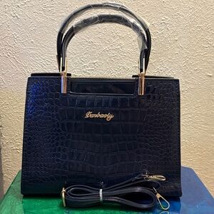 Navy Blue Danbaoly Crocodile Embossed Satchel with shoulder strap.